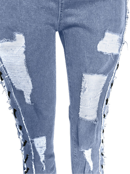Eyelet Rope High Elastic Sexy Slim Ripped Denim Trousers