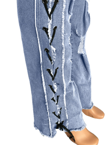 Eyelet Rope High Elastic Sexy Slim Ripped Denim Trousers