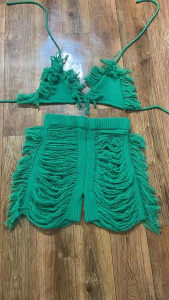 Stretch Sheer Knit Fringe Beach Shorts Cup Set