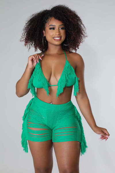 Stretch Sheer Knit Fringe Beach Shorts Cup Set