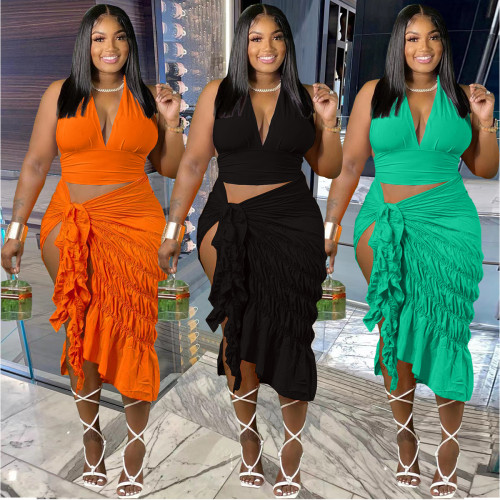 Women's Camisole Sexy Pleated Solid Color Slit Two Piece Dress Suit
