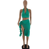 Women's Camisole Sexy Pleated Solid Color Slit Two Piece Dress Suit