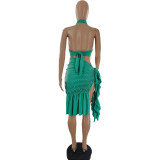 Women's Camisole Sexy Pleated Solid Color Slit Two Piece Dress Suit