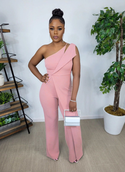 Fashion Casual One Shoulder Back Invisible Zipper Sleeveless Wide Leg Jumpsuit