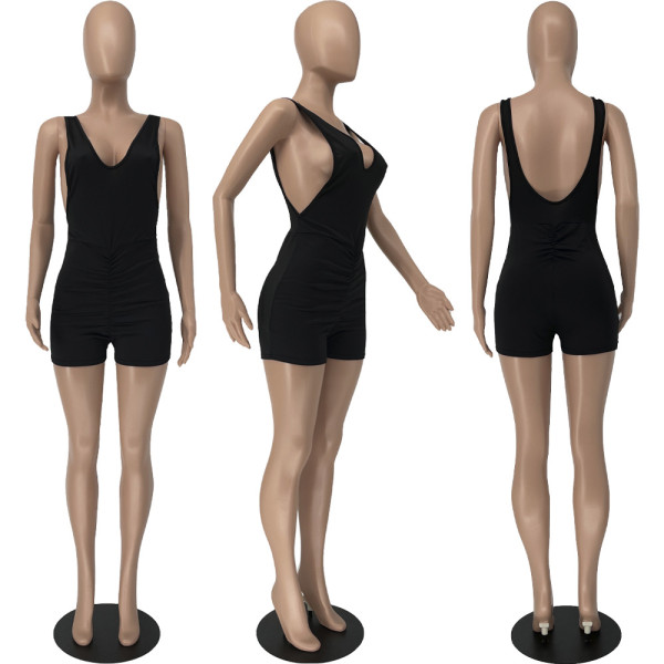 Sexy pleated deep U backless vest slim jumpsuit