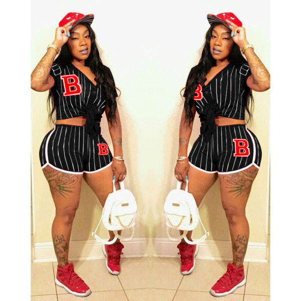 Sports Women's Striped Letter B Baseball Uniform Two Piece