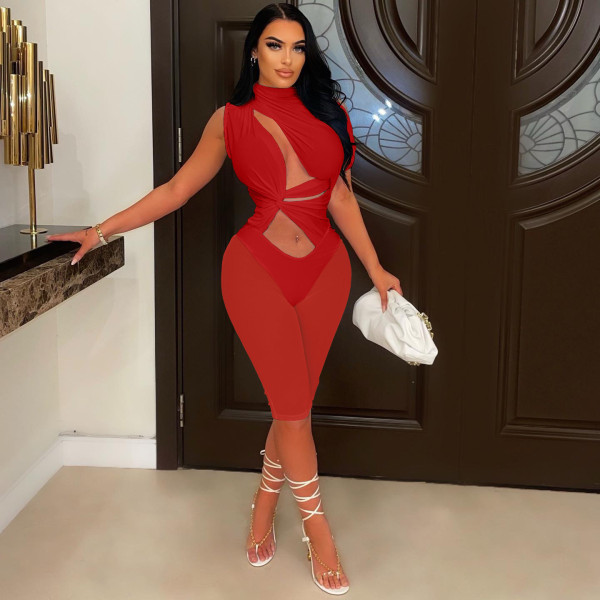 Women's Fashion Excellent Turtleneck Hollow Mesh Panel Jumpsuit