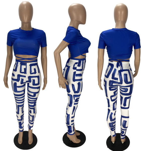 Ladies Fashion Print Pants Short Sleeve Two Piece Casual Suit
