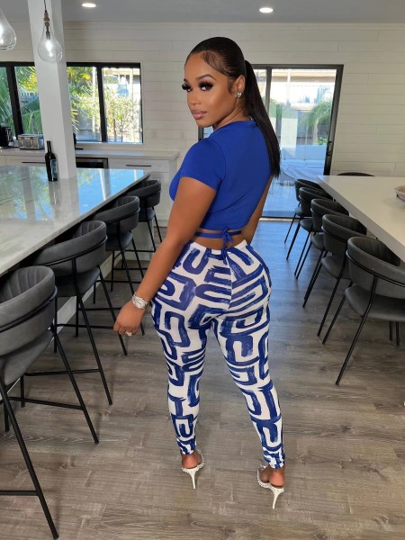 Ladies Fashion Print Pants Short Sleeve Two Piece Casual Suit