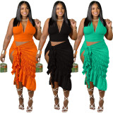 Women's Camisole Sexy Pleated Solid Color Slit Two Piece Dress Suit