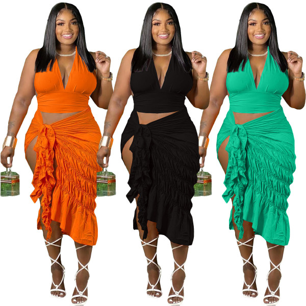 Women's Camisole Sexy Pleated Solid Color Slit Two Piece Dress Suit