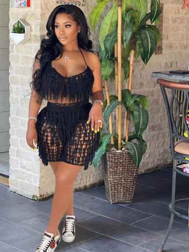 Sexy Sheer Knit Hook Fringe Beach Shorts Set