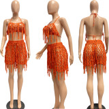 Sexy Sheer Knit Hook Fringe Beach Shorts Set