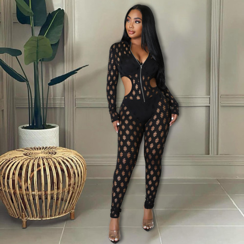 Ladies Nightclub Solid Color Sexy Hollow Hollow Out Waist Zipper Jumpsuit