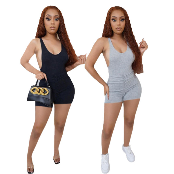 Sexy pleated deep U backless vest slim jumpsuit