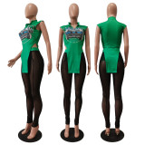 Women's Digital Printing Irregular Stand Collar T-Shirt Mesh Pencil Pants Two-Piece Set