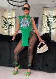 Women's Digital Printing Irregular Stand Collar T-Shirt Mesh Pencil Pants Two-Piece Set