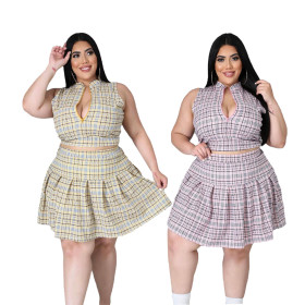 Plus Size Ladies Plaid Print Zip Pleated Two Piece Dress