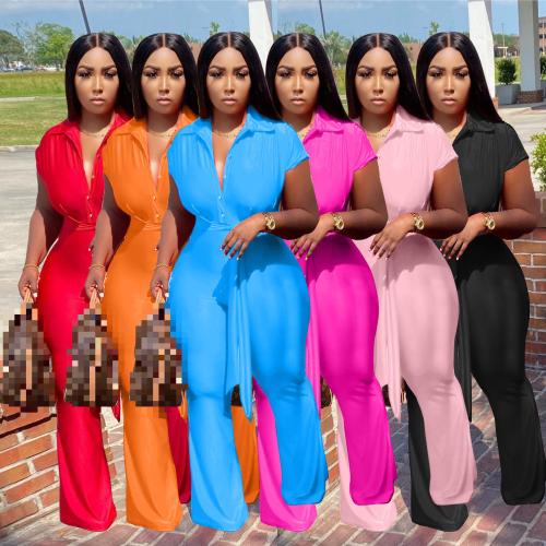 Women's Shirt Collar Breasted Wide Leg Jumpsuit Belted