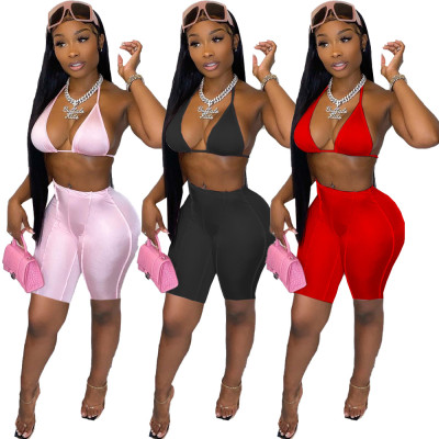 Fashionable and simple solid color halter two-piece suit