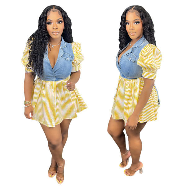 Fashion Casual V Neck Puff Sleeve Loose Lady Print Denim Dress