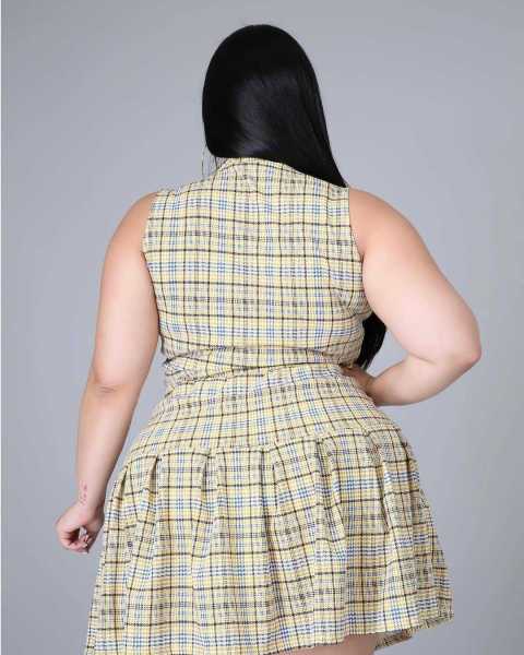 Plus Size Ladies Plaid Print Zip Pleated Two Piece Dress