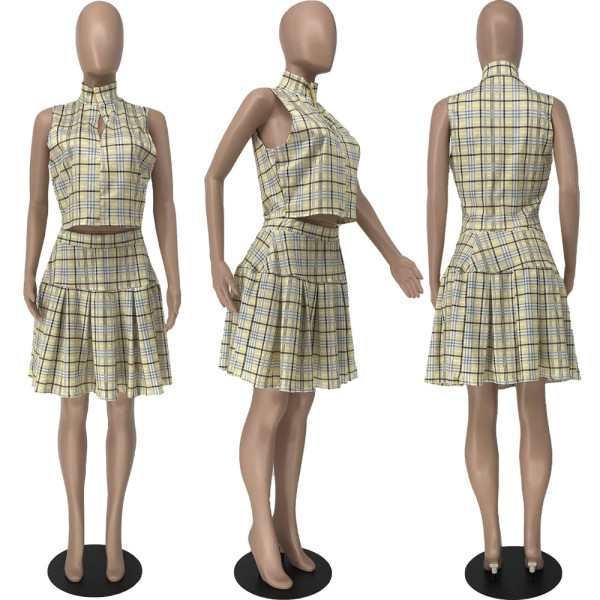 Plus Size Ladies Plaid Print Zip Pleated Two Piece Dress