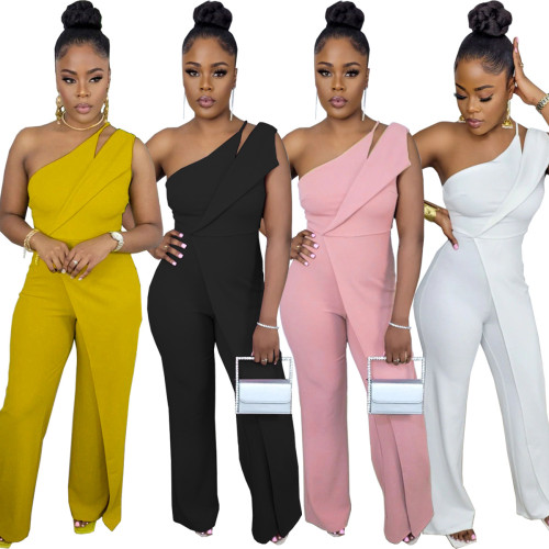 Fashion Casual One Shoulder Back Invisible Zipper Sleeveless Wide Leg Jumpsuit
