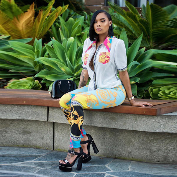 Digital Positioning Printing Shirt Short Sleeves and Pockets Fashion Casual Two-piece Set