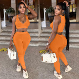 Ladies Sexy Navel Deep V Solid Color Slim Fit Sleeveless Two-piece Suit
