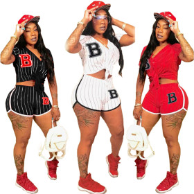 Sports Women's Striped Letter B Baseball Uniform Two Piece