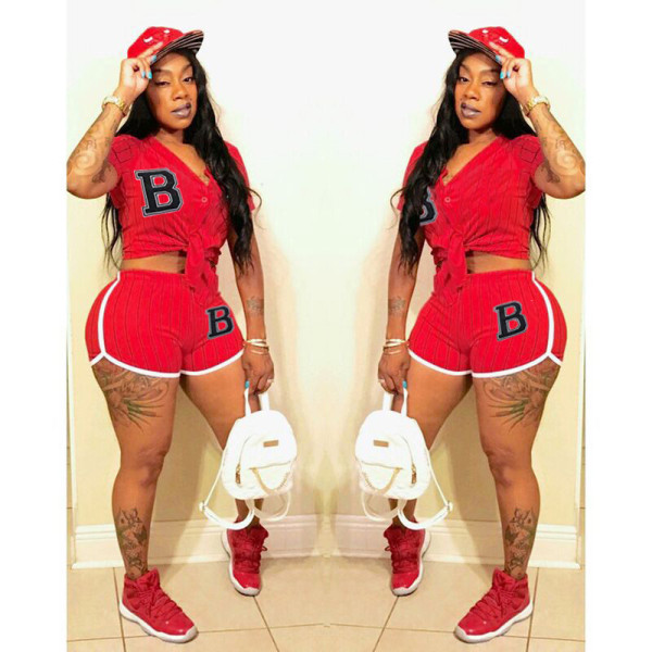 Sports Women's Striped Letter B Baseball Uniform Two Piece