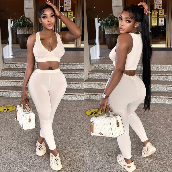Ladies Sexy Navel Deep V Solid Color Slim Fit Sleeveless Two-piece Suit