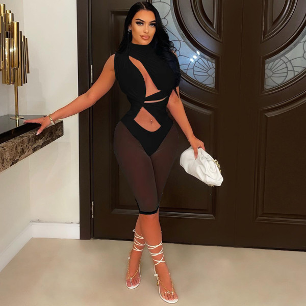 Women's Fashion Excellent Turtleneck Hollow Mesh Panel Jumpsuit