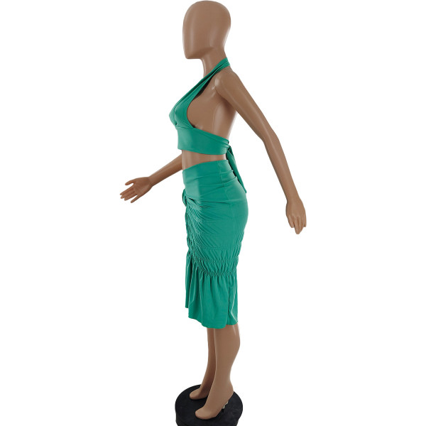 Women's Camisole Sexy Pleated Solid Color Slit Two Piece Dress Suit