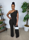 Fashion Casual One Shoulder Back Invisible Zipper Sleeveless Wide Leg Jumpsuit