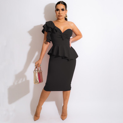 Women's Fashion Sexy One Shoulder Ruffles Backless Slim Fit Tube Top Midi Dress Dress Two Piece