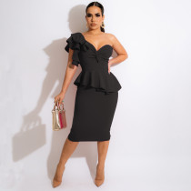 Women's Fashion Sexy One Shoulder Ruffles Backless Slim Fit Tube Top Midi Dress Dress Two Piece Women's Fashion Sexy One Shoulder Ruffles Backless Slim Fit Tube Top Midi Dress Dress Two Piece