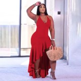New Sling Sleeveless Solid Color Slit Ruffle Dress