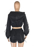 Women's Solid Drawstring Long Sleeve Shorts Hooded Two-Piece Set