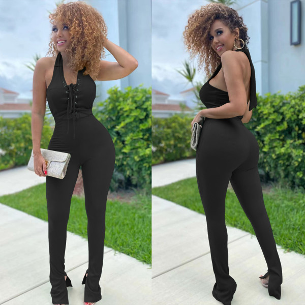 Women's Fashion Solid Color Splicing Casual Sleeveless Tie Jumpsuit