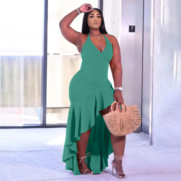 New Sling Sleeveless Solid Color Slit Ruffle Dress