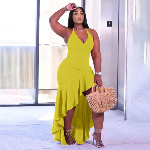 New Sling Sleeveless Solid Color Slit Ruffle Dress