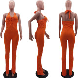 Women's Fashion Solid Color Splicing Casual Sleeveless Tie Jumpsuit