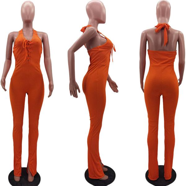 Women's Fashion Solid Color Splicing Casual Sleeveless Tie Jumpsuit