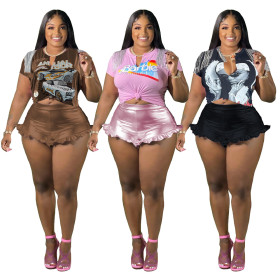 Printed hip-hop T-shirt cute tassel fringe pants two-piece set