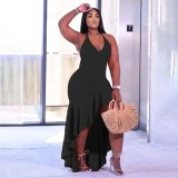 New Sling Sleeveless Solid Color Slit Ruffle Dress