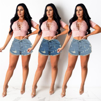 Women's summer high waist frayed rivets washed denim shorts beach hot pants high elastic