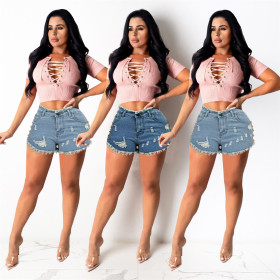Women's summer high waist frayed rivets washed denim shorts beach hot pants high elastic