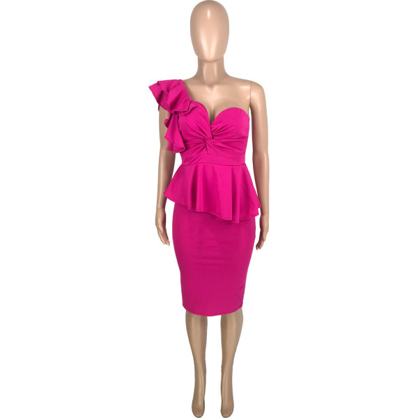 Women's Fashion Sexy One Shoulder Ruffles Backless Slim Fit Tube Top Midi Dress Dress Two Piece